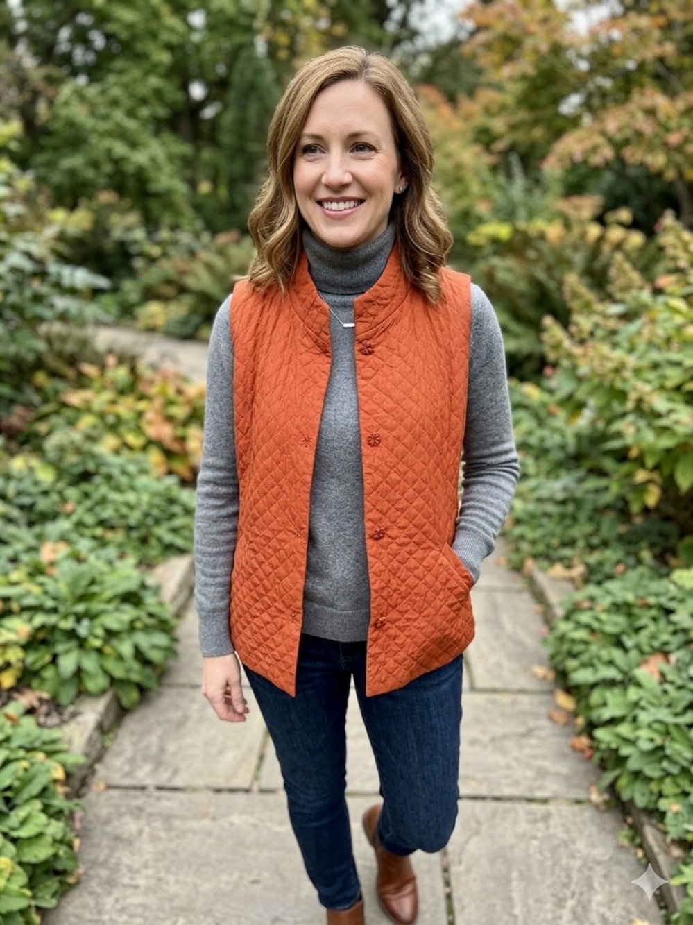 Eileen Fisher Petite Quilted Rust-Orange Sleeveless Vest